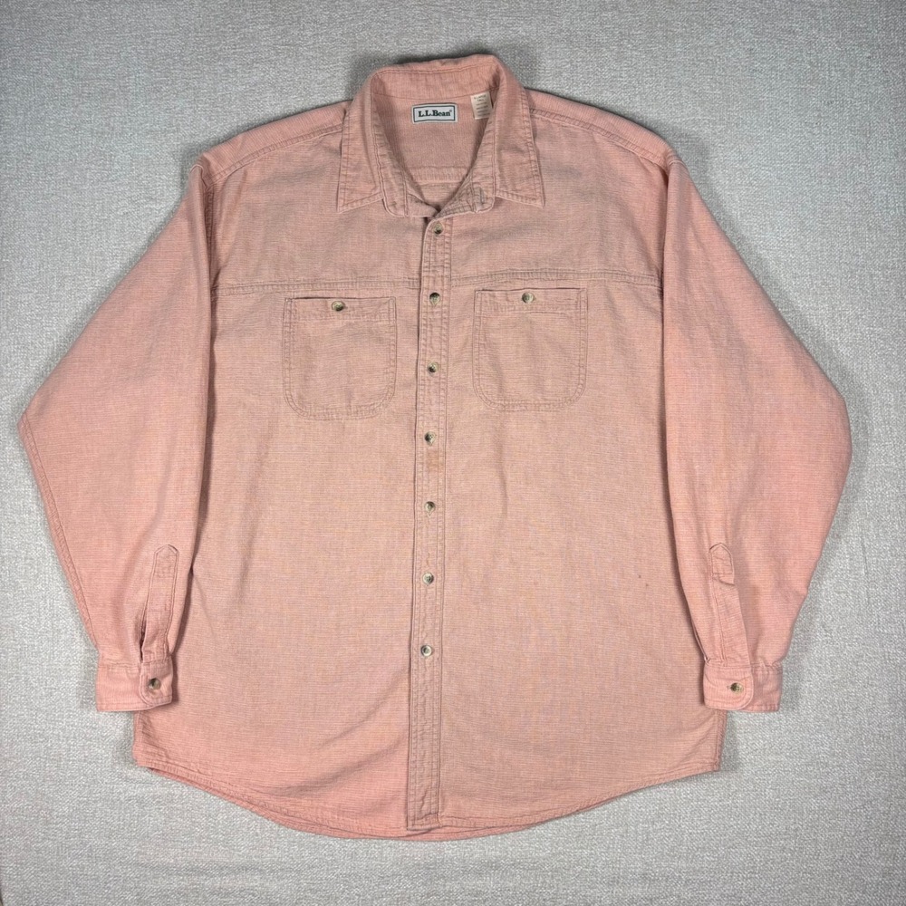 Vintage LL Bean Mens XL Tall Salmon Orange Cotton Textured Button Down Shirt USA